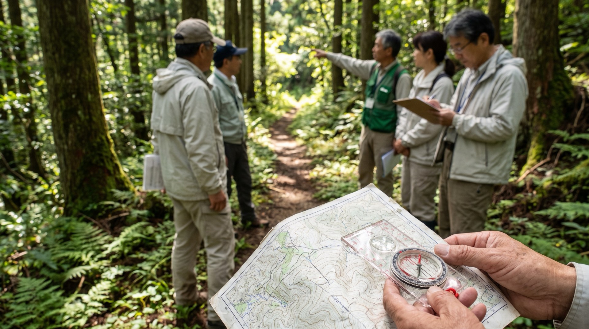 地図とコンパスで現在地を確認する受講者